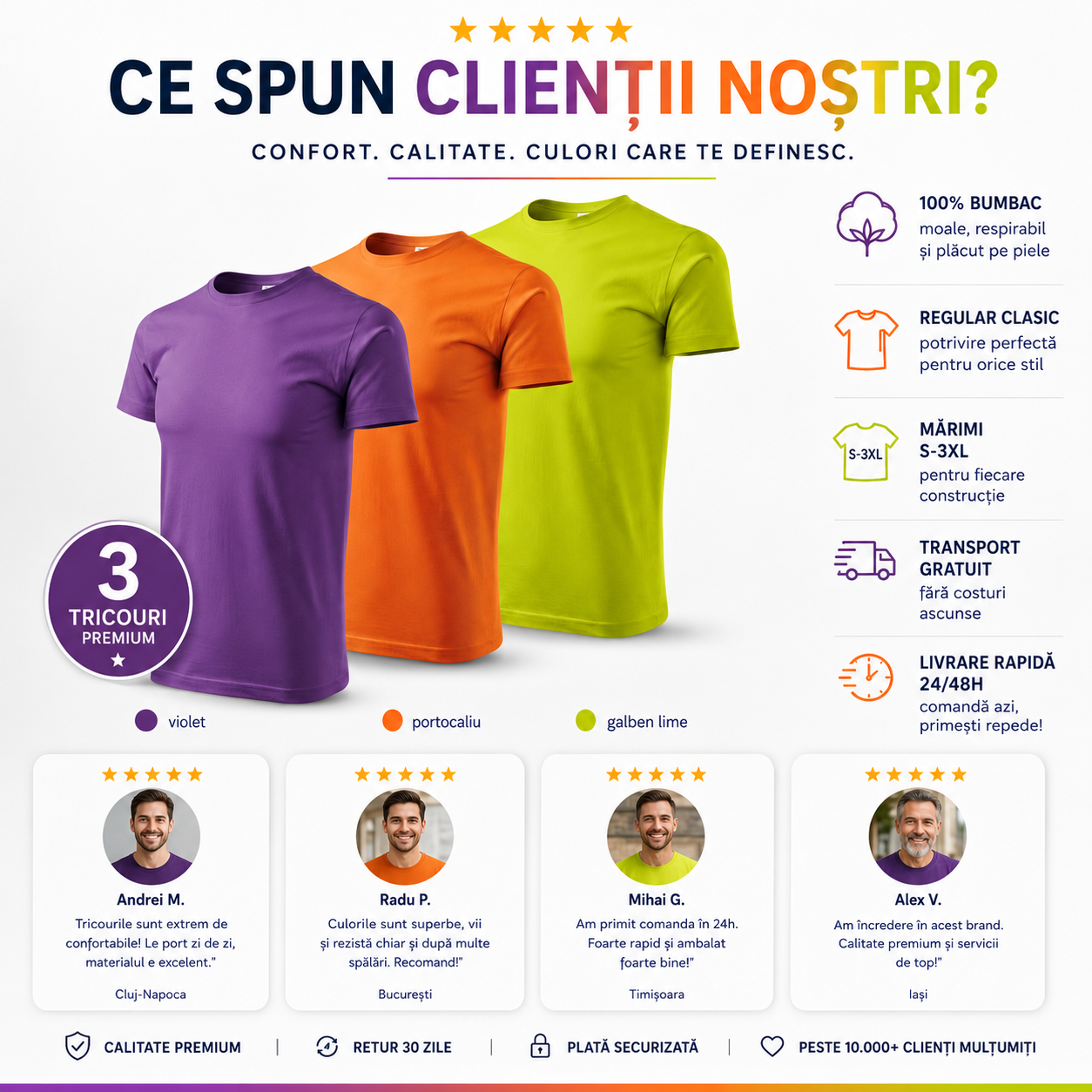 Set tricouri bărbați violet portocaliu galben lime potrivit pentru cadou și purtare zilnică